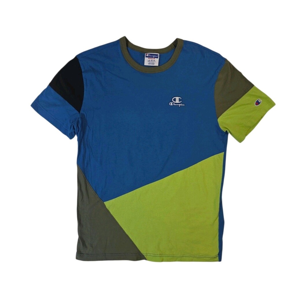 Champion T-Shirt Men's Medium Blue Green Colorblock Logo Short Sleeve Casual